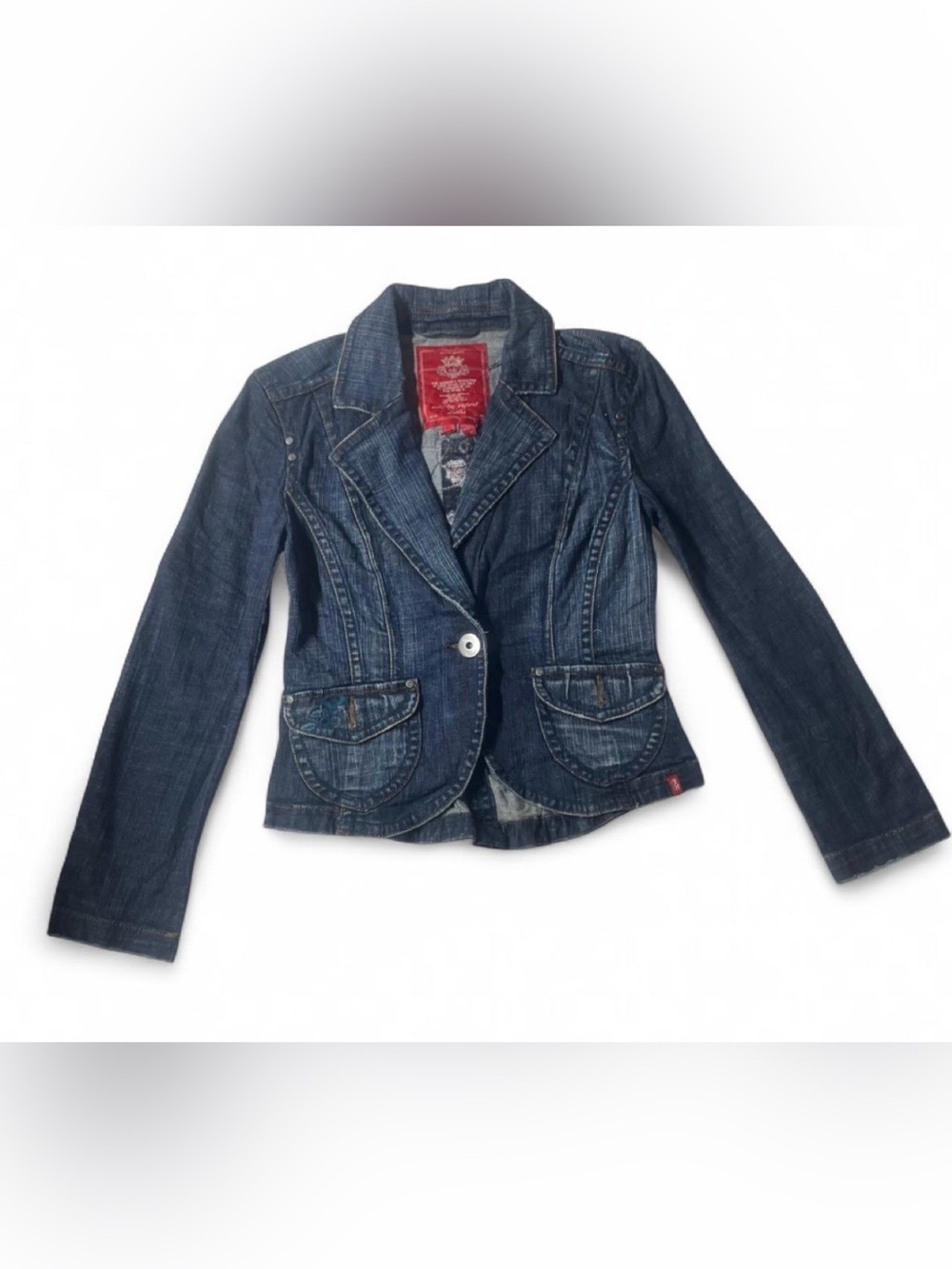 Dark Blue Denim Blazer Jacket - Women's Tailored Jean Coat